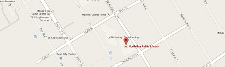 Map showing the location of the North Bay Public Library in North Bay on the corner of Sherbrooke St and Worthington St E