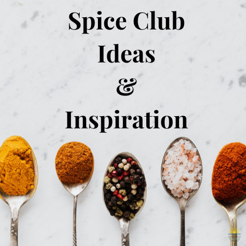 The text "Spice Club Ideas and Inspiration" over several spoons containing a heap of different spices